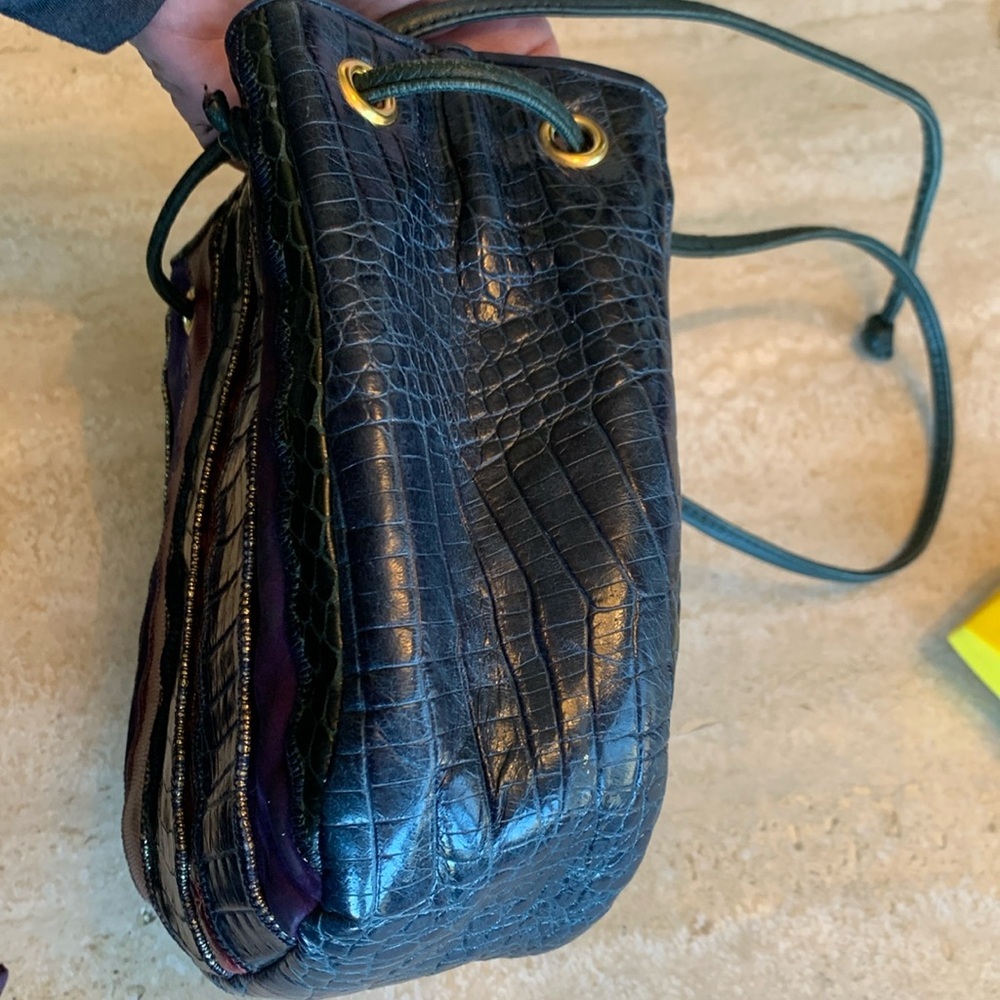 SHARIF vintage shoulder bag, strips of leather & suede, navy, maroon, purple VTG - Picture 7 of 17